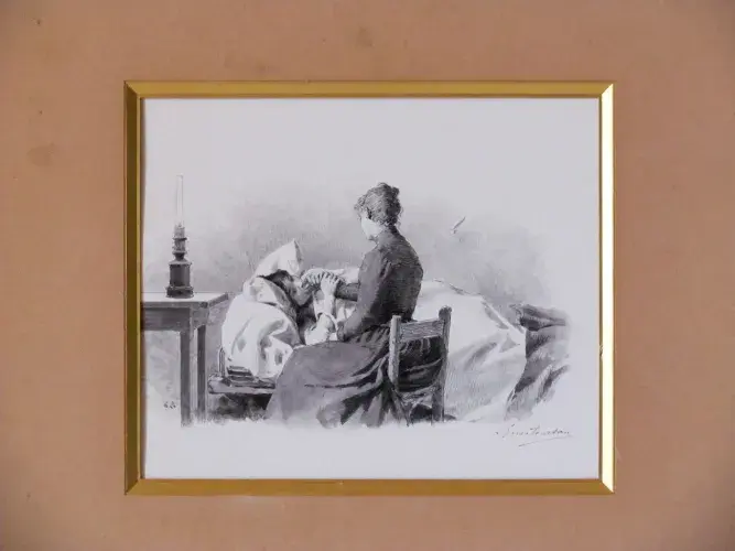 Fusain-Encre-ADAN Louis Emile-Mère veillant sa fille achat tableau