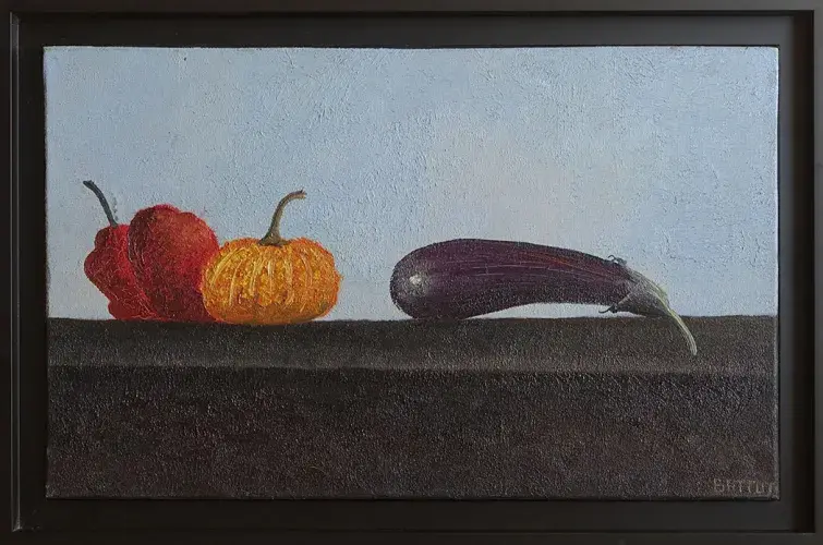 Michèle Battut. Nature morte à l'aubergine. Achat art, achat art du XXème siècle.