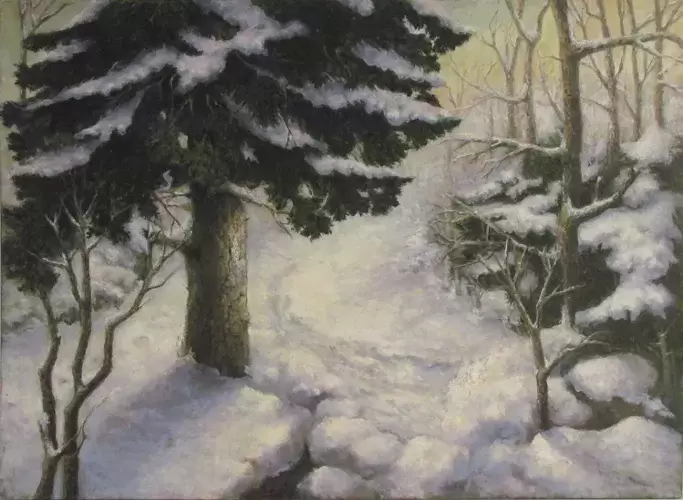 achat tableau peinture Neige en forêt. Ecole de l'Est de l'entre-deux guerres