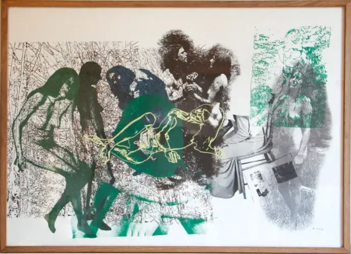 achat tableau serigraphie decoration Nudités noires vertes et jaunes de dick higgins