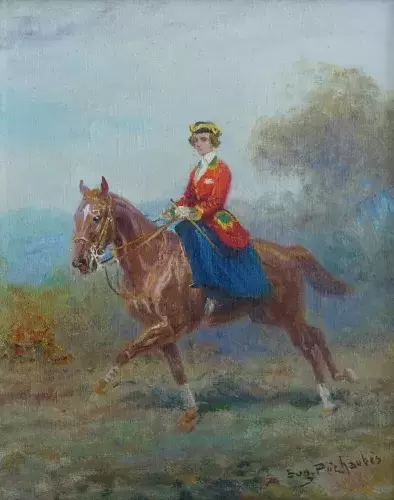 Amazone. Chasse à courre. Huile sur toile Eugène Péchaubès achat cadeau art moderne décoration tableau