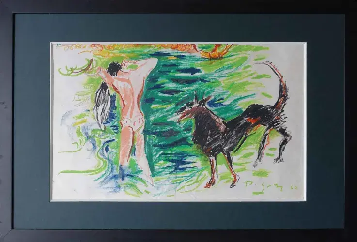 Achat cadeau décoration pastel d'Edouard Pignon. La baigneuse et le chien