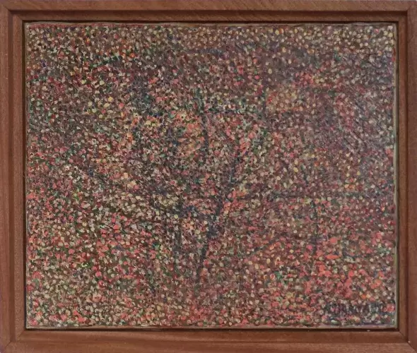 Tableau décoration Henry Darnaud, huile sur toile pointillisme orange aux lignes