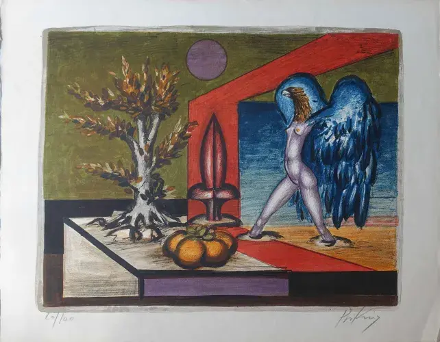 achat tableau décoration lithographie d'après Priking femme aigle haute nuit