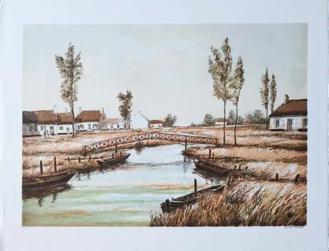 La passerelle. Lithographie d'après Steinlen. Achat art moderne.