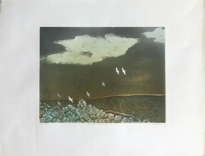 T.Ogaki. Gravure. Messagères du temps. achat gravure, achat art japonais, achat aquatinte, achat tableau