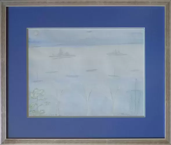 achat tableau peinture décoration marine L'escadre américaine à Juan-les-Pins durant la Seconde Guerre mondiale.  Aquarelle sur trait de crayon.