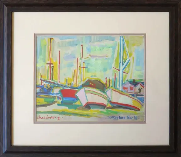 Suzanne Tourte, aquarelle, voiliers en port de Cherbourg, achat tableau décoration.