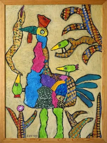 Alain Trez. Oiseau de Philippe. Acrylique et collage sur panneau tableau achat décoration