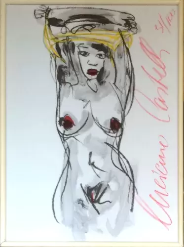 achat tableau lithographie décoration nu au tshirt jaune de luciano castelli