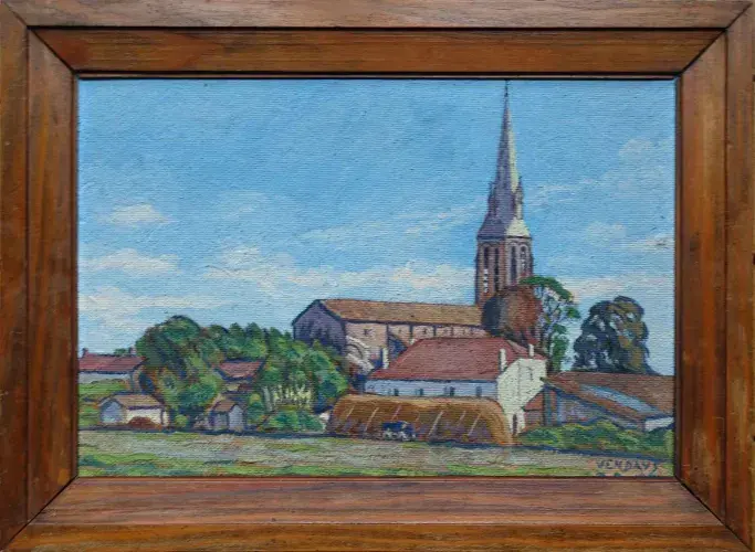 L'église de Vendays. Huile sur panneau. Achat tableau