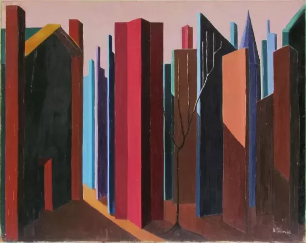 Huile sur toile Ville sombre d'Andrée Pollier Achat tableau peinture