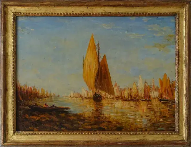 achat tableau peinture décoration marine Voiles quittant Venise, par un suiveur de Ziem.  Huile sur toile marouflée sur carton.