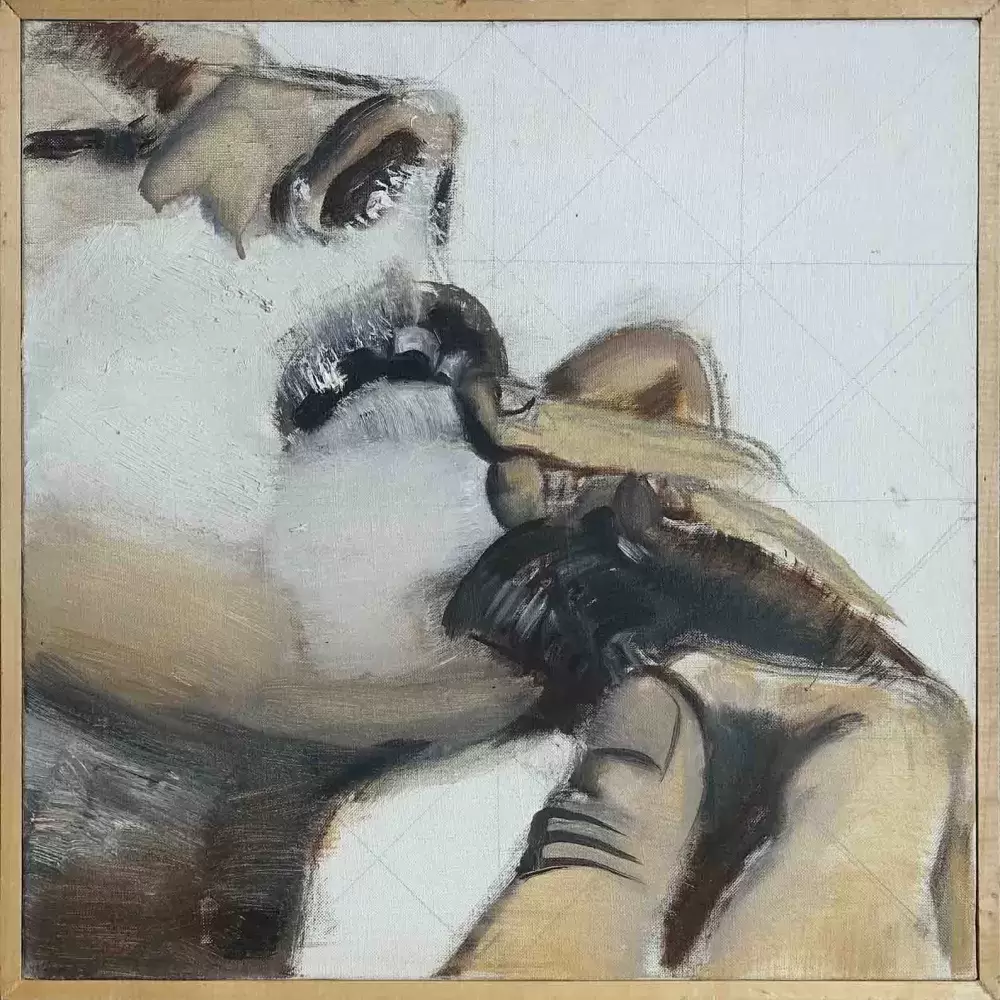 Elisabeth Dujarric. Homme se rasant. Huile sur toile.