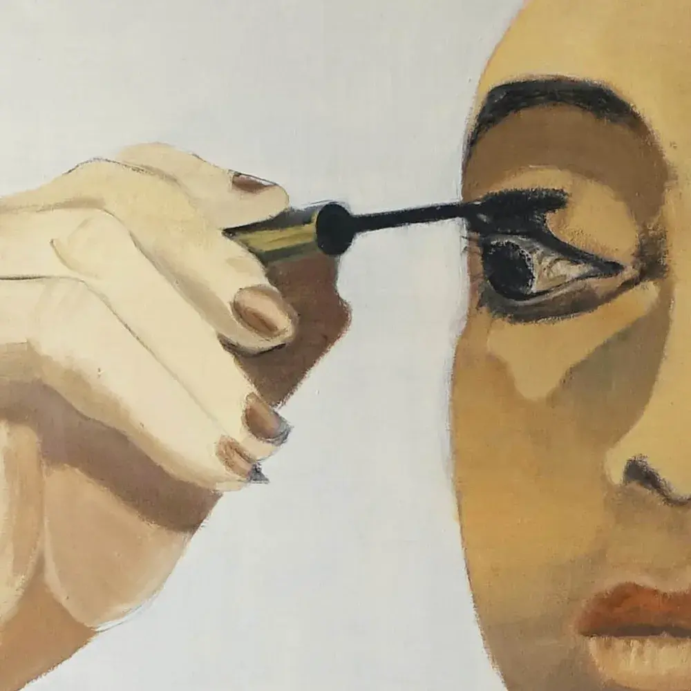 Elisabeth Dujarric. Le mascara. Série des Petits déjeuners. Huile sur toile.
