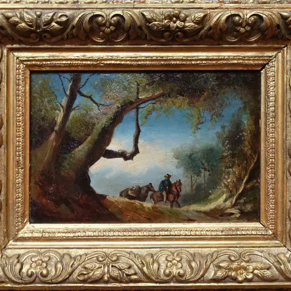 Cavalier en hiver . Huile sur carton XIXème. Acaht art décoration tableau