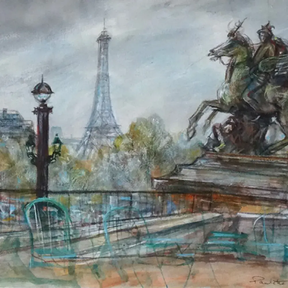 Paulette Humbert. La Tour Effel vue du Palais de Chaillot. Technique mixte sur papier.