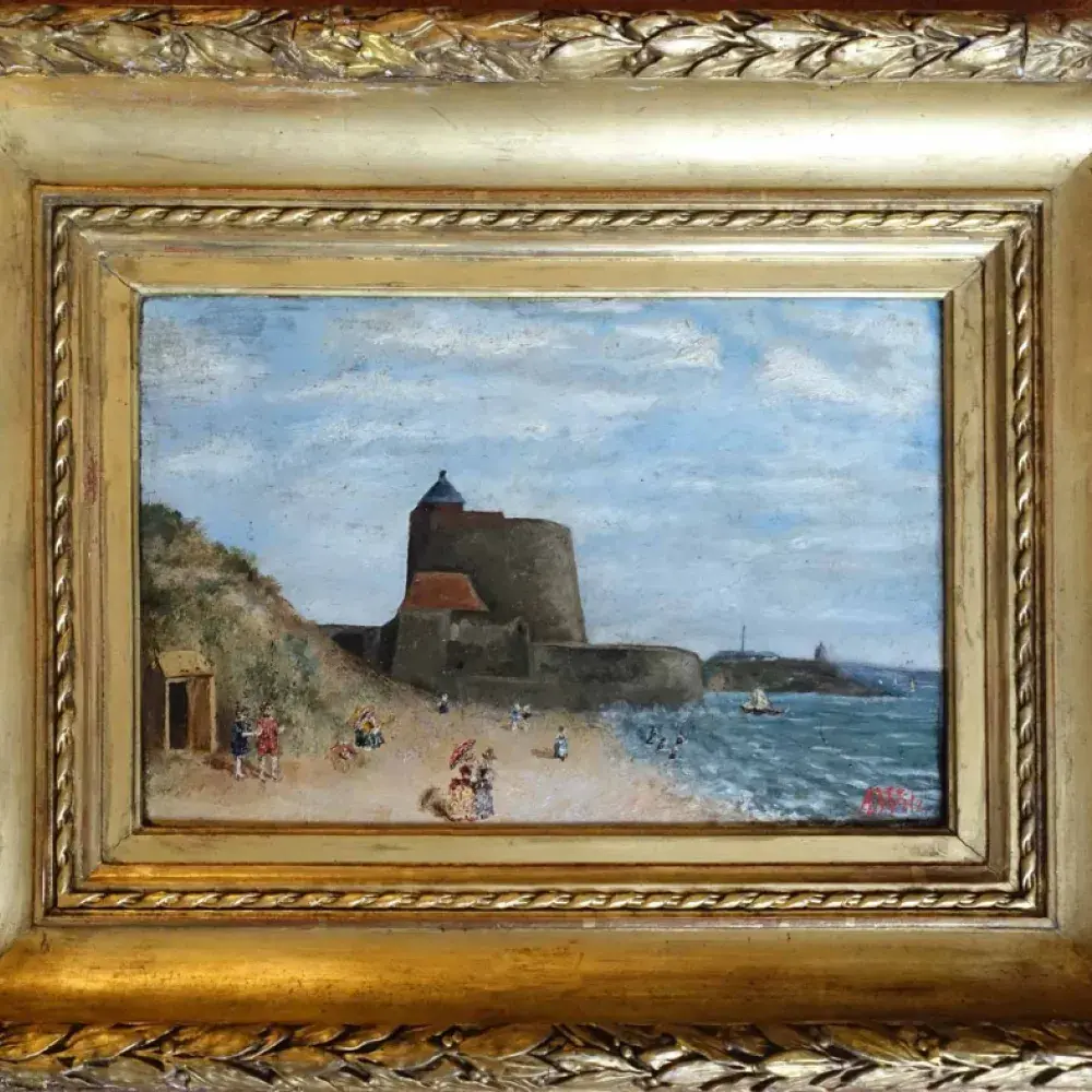 A. Witz. Promenade sur la plage. Huile sur panneau. Art naïf du XIXème siècle. Acaht art décoration