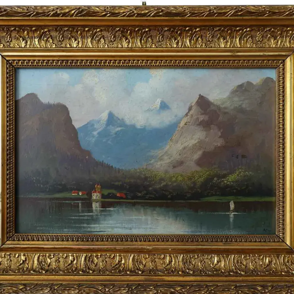 Le lac de Königsee. Huile sur carton monogrammée. XIXème siècle. Achat art décoration 