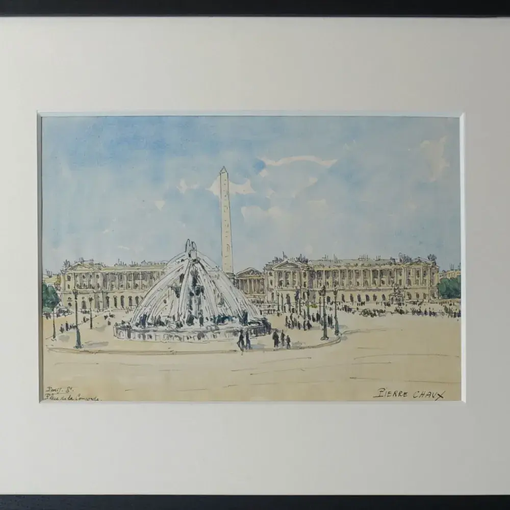 Pierre Chaux. La place de concorde un jour d'été. Aquarelle, tableau, achat décoration, Paris
