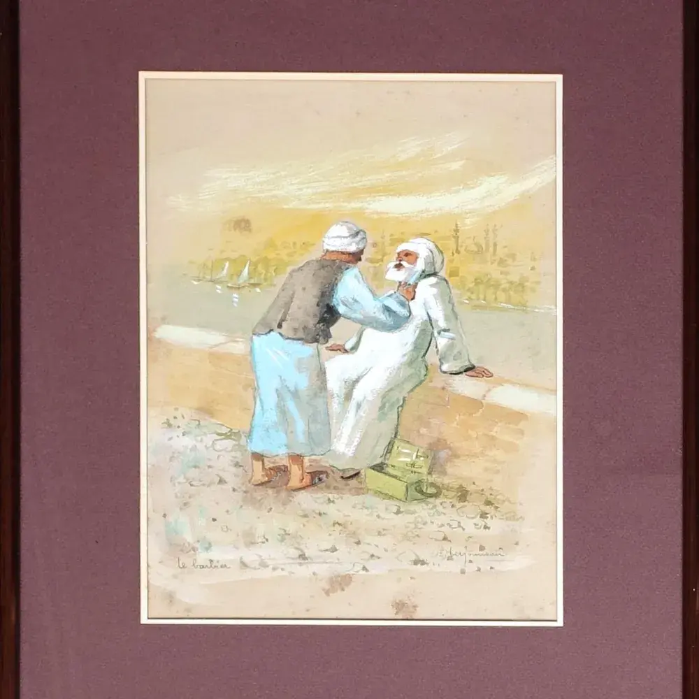 Raoul Berjonneau. Orientalisme. Le barbier. Achat art, achat tableau, art et décoration