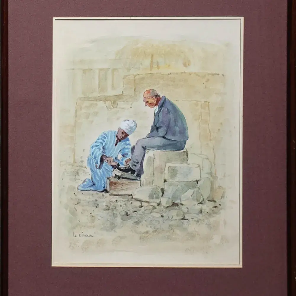 Le cireur. Raoul Berjonneau. Aquarelle. Achat art, décoration, orientalisme