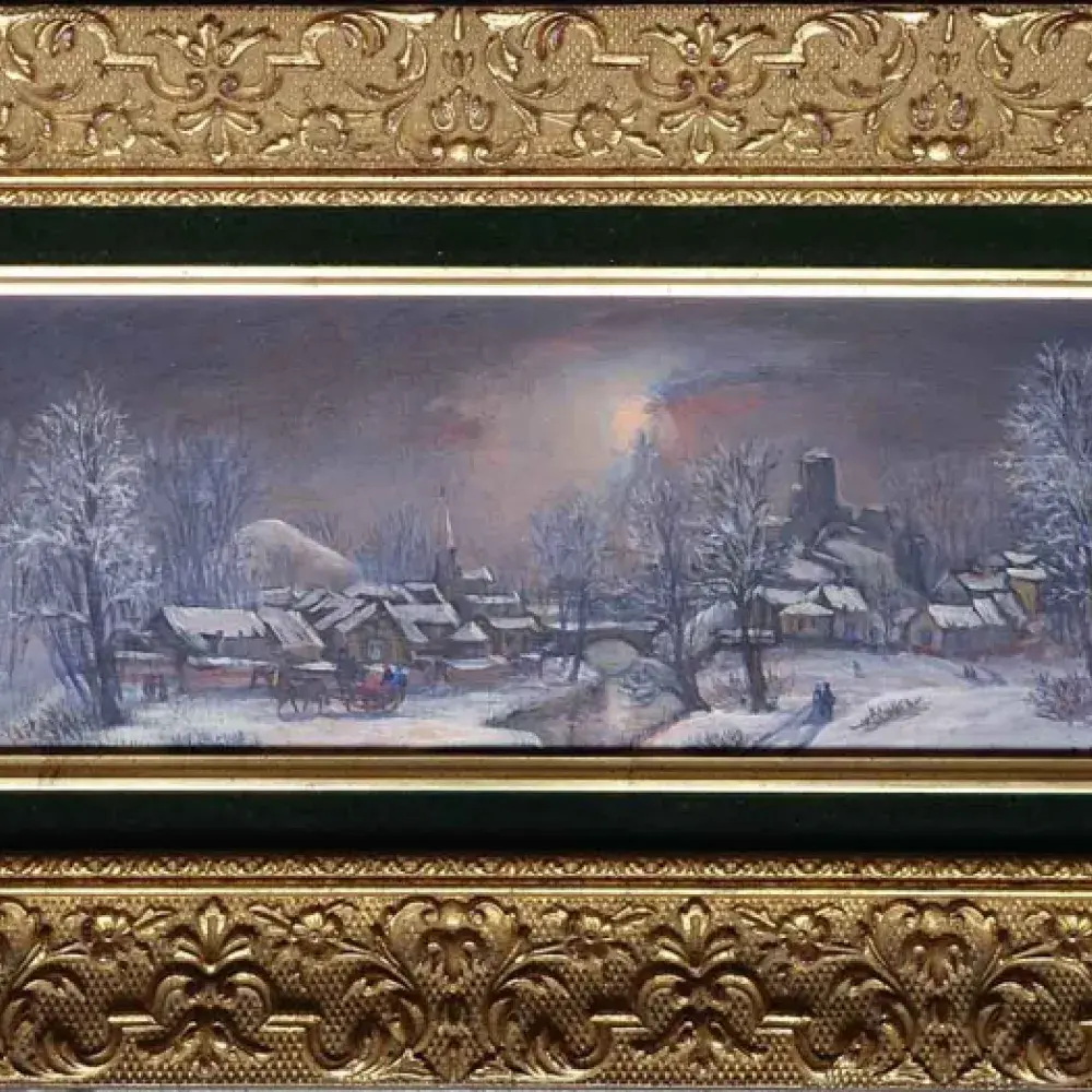 Raffy Le Persan. Evasion hivernale. Huile sur bois. un village sous la neige avec un traineau et des toits enneigés;