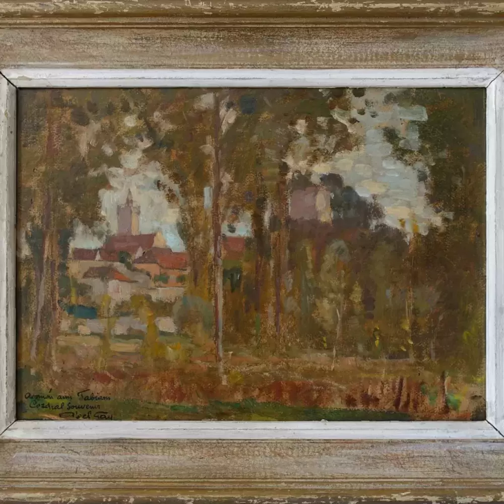 Huile sur carton Abel Gay. Village de Morestel. Achat tableau décoration