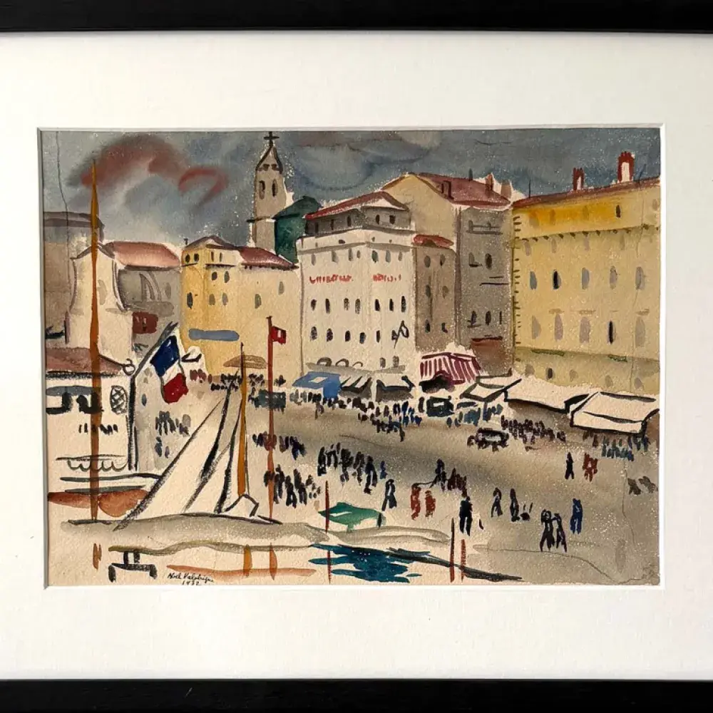 Valabrègue. Port de Marseille (Notre-Dame). Achat aquarelle, achat tableau, achat art déco.