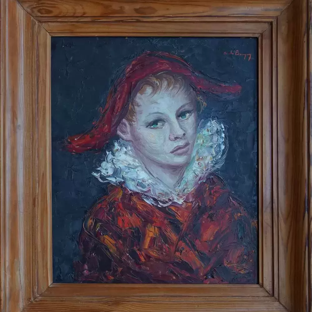 Anne de Banguy. Arlequin rouge. Huile sur isaorel? Achat tabelau art décoration.