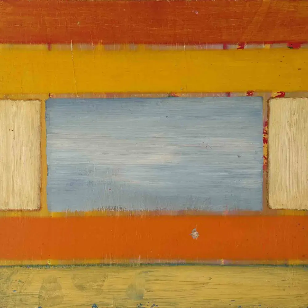Mark Stuart. Composition au carré bleu ciel. Achat tableau, achat abstrait géométrique, achat art concret