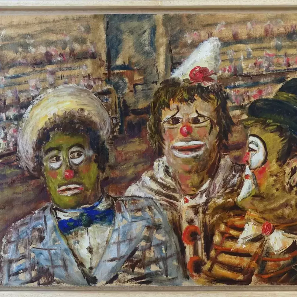 Les trois clowns . Huile sur toile . Tableau de Félix Tisot ; achat tableau art décoration