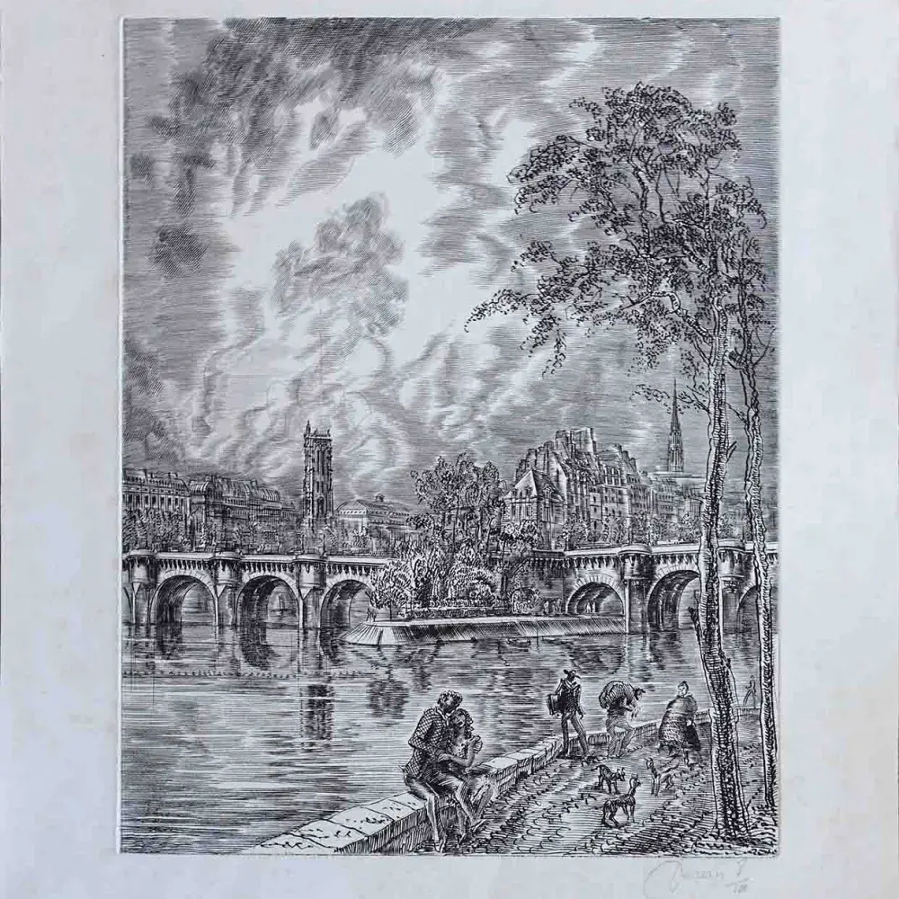 Albert Decaris. Les amoureux du Pont-Neuf. Gravure. Achat art, achat gravure de Paris, 