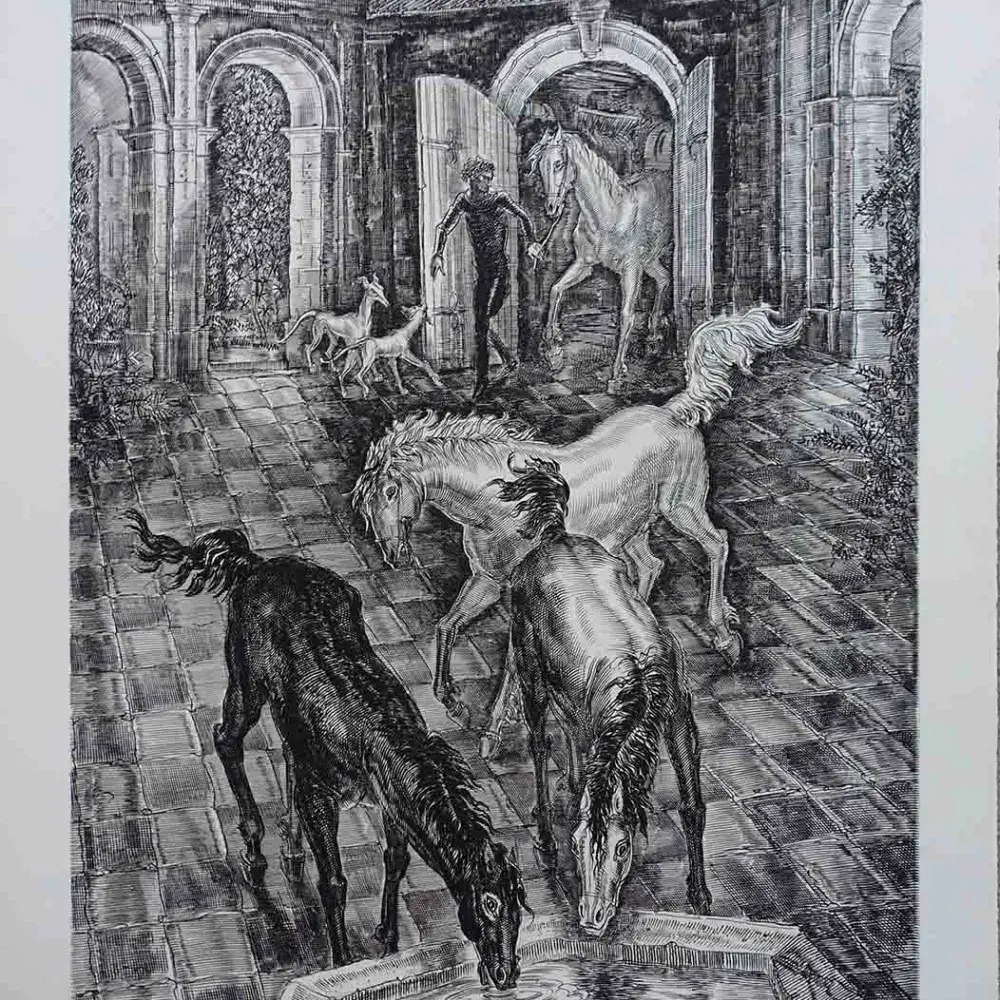 Albert Decaris. Eau-forte, Chevaux s'abreuvant, achat art, art moderne, décoration