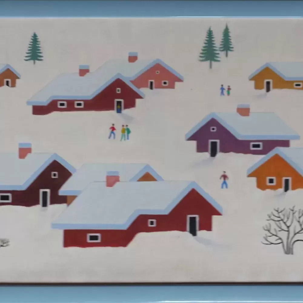 Village enneigé. Art naïf. Huile sur toile de Gil Acat tableau gaerie d'art en ligne