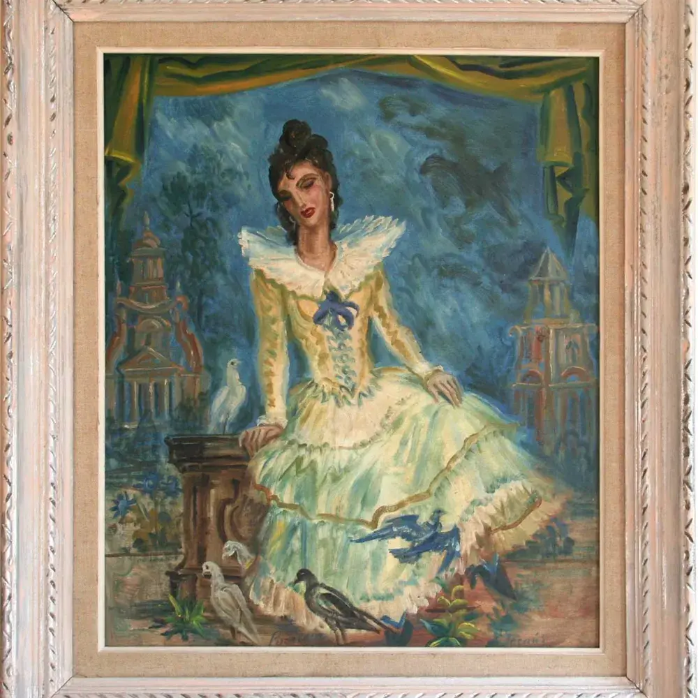 achat tableau peinture décoration Lucrecia. Jeune femme aux colombes de Albert Decaris
