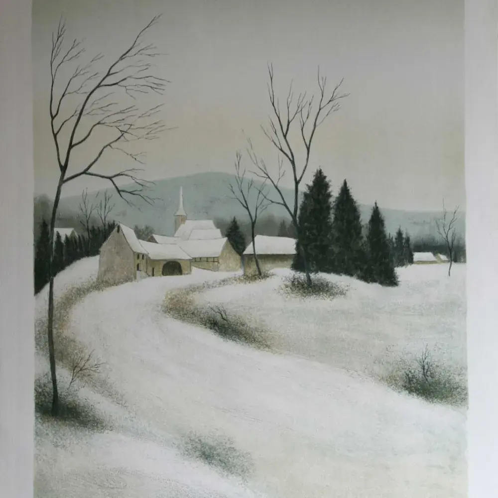 achat lithographie d'après richard litzelmann village sous la neige