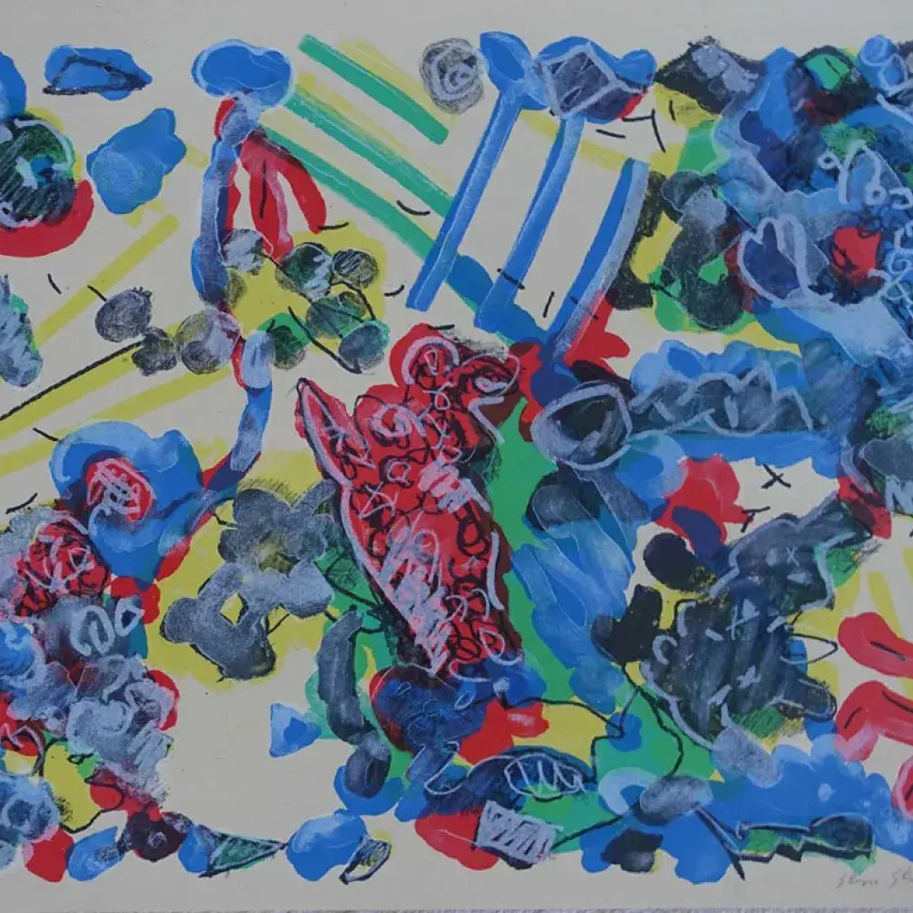 Shizu Shimada. Composition bleue sur fond vert pâle. Achat art , achat abstraction, achat art japonais, 