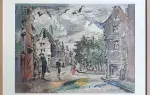 Aquarelle et encre. Scène de rue. Auguste Clergé. Achat art, tableau, décoration