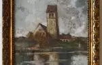 achat tableau Eglise de Monéteau. Gouache de Charles Blandin.  