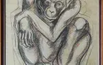 Etiennette Johan. Chimpanzé. Dessin aux trois crayons,achat art, art déco