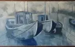 David Giles. Les chalutiers bleus huile sur isorel. Acat art décoration tableau