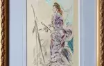 Gouache sur papier crème.  Ecole française du XX eme siècle. Femme rousse peignant. Achat art décoration