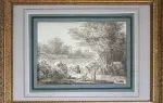 Lavandières à la cascade. Encre dessin XVIIIème monogrammé C.Ch