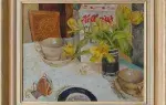 Table du petit-déjeuner. nature morte. Huile sur toile de Nancy Sharp.achat art décoration peinture tableau