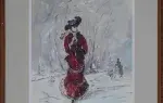 Gouache de Stick Elégante sous la neige. 1929. Achat cadeau décoration