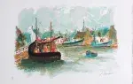Urbain Huchet. Lithographie. Bateau de pêche. Achat art, achat tableau, achat décoration
