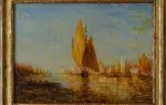 achat tableau peinture décoration marine Voiles quittant Venise, par un suiveur de Ziem.  Huile sur toile marouflée sur carton.